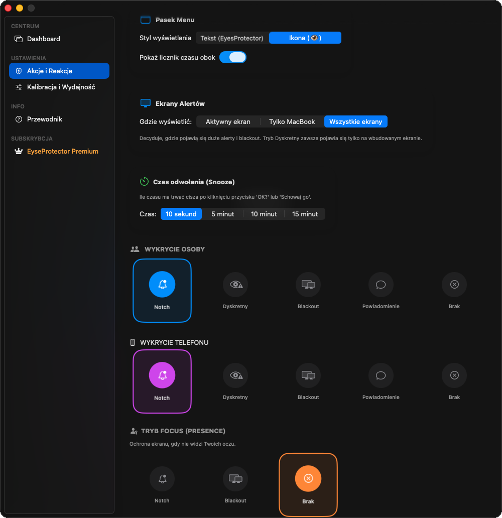 Interfejs ustawień EyeProtector
