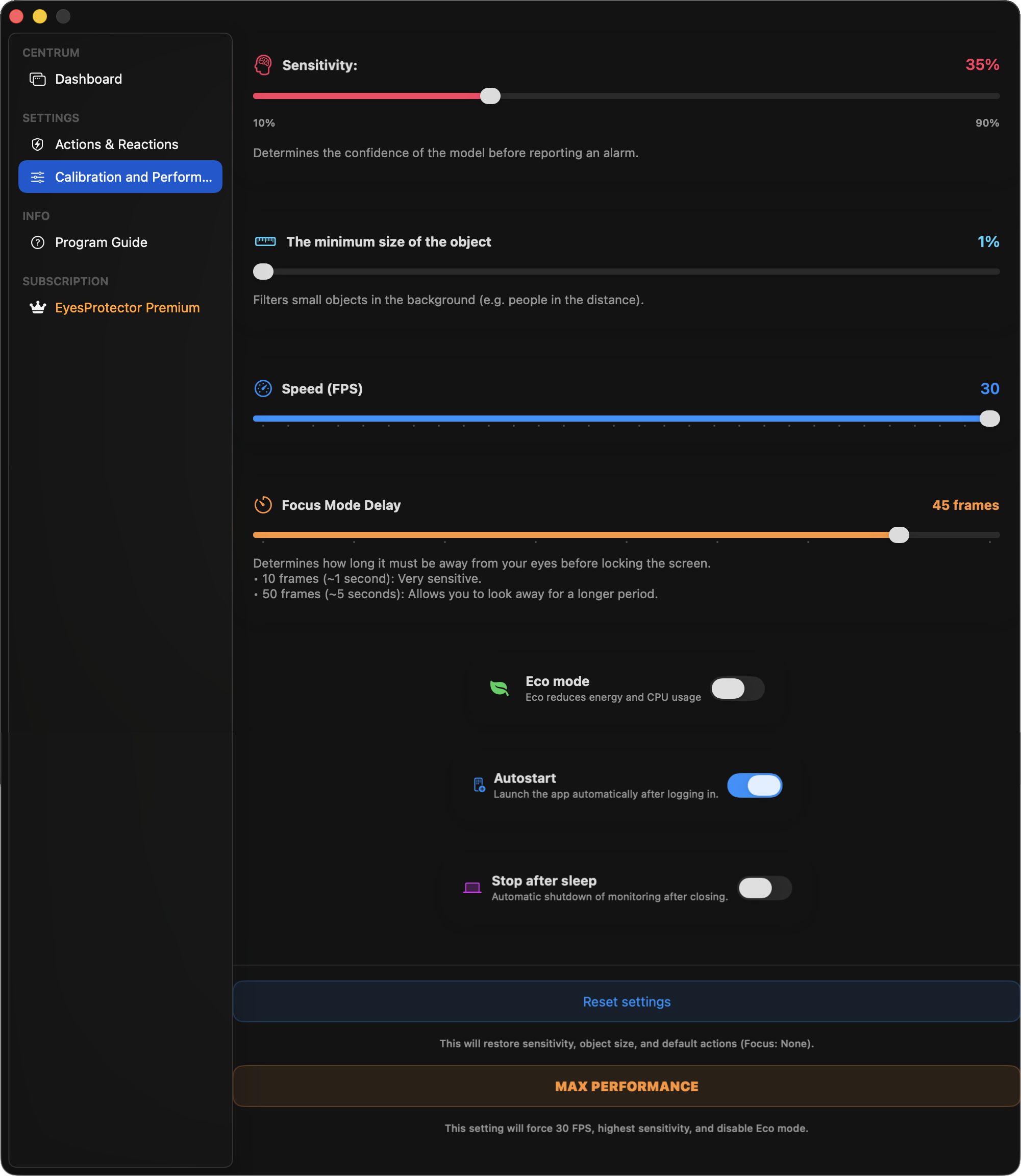 EyeProtector Settings Interface