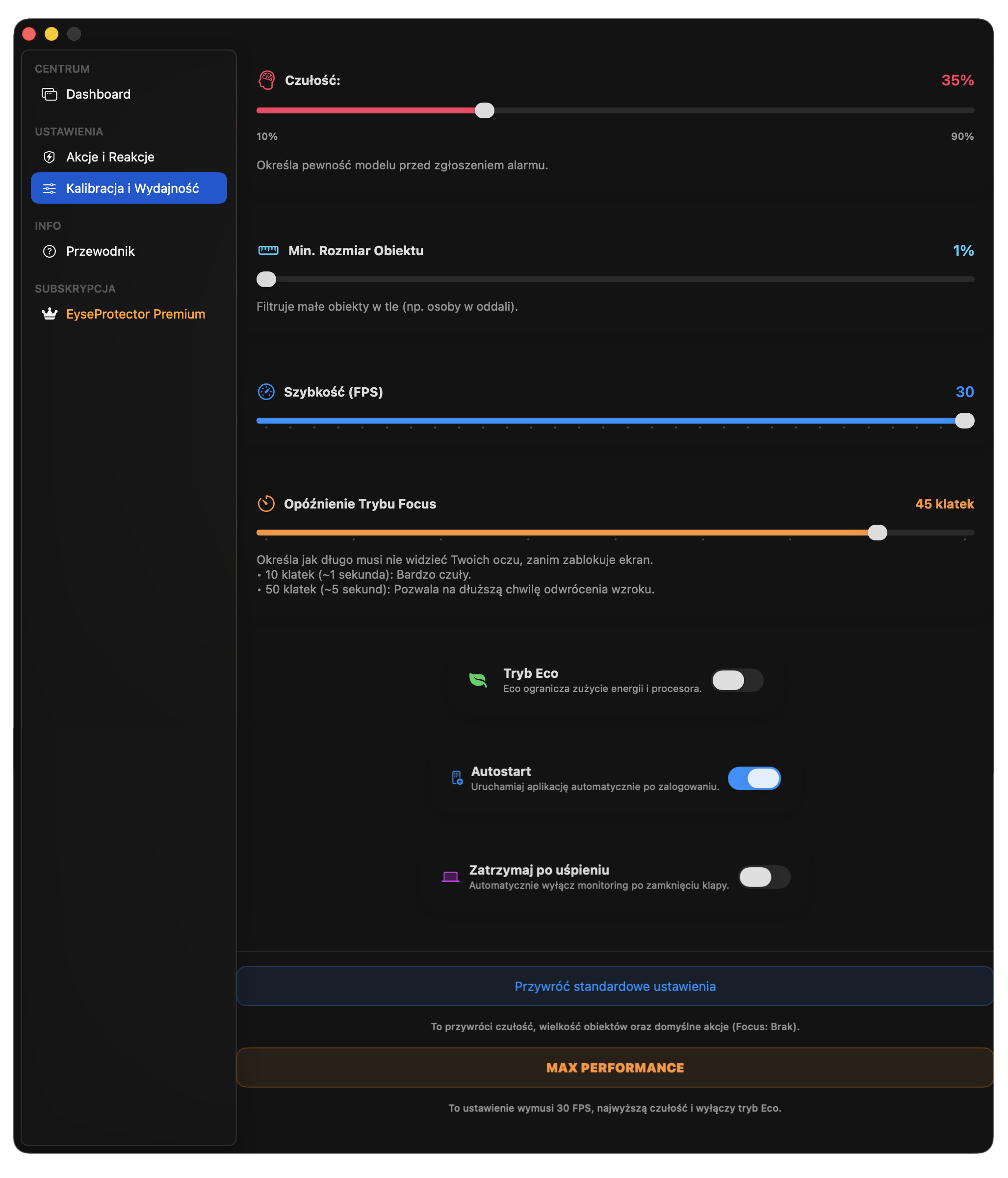 Interfejs ustawień EyeProtector